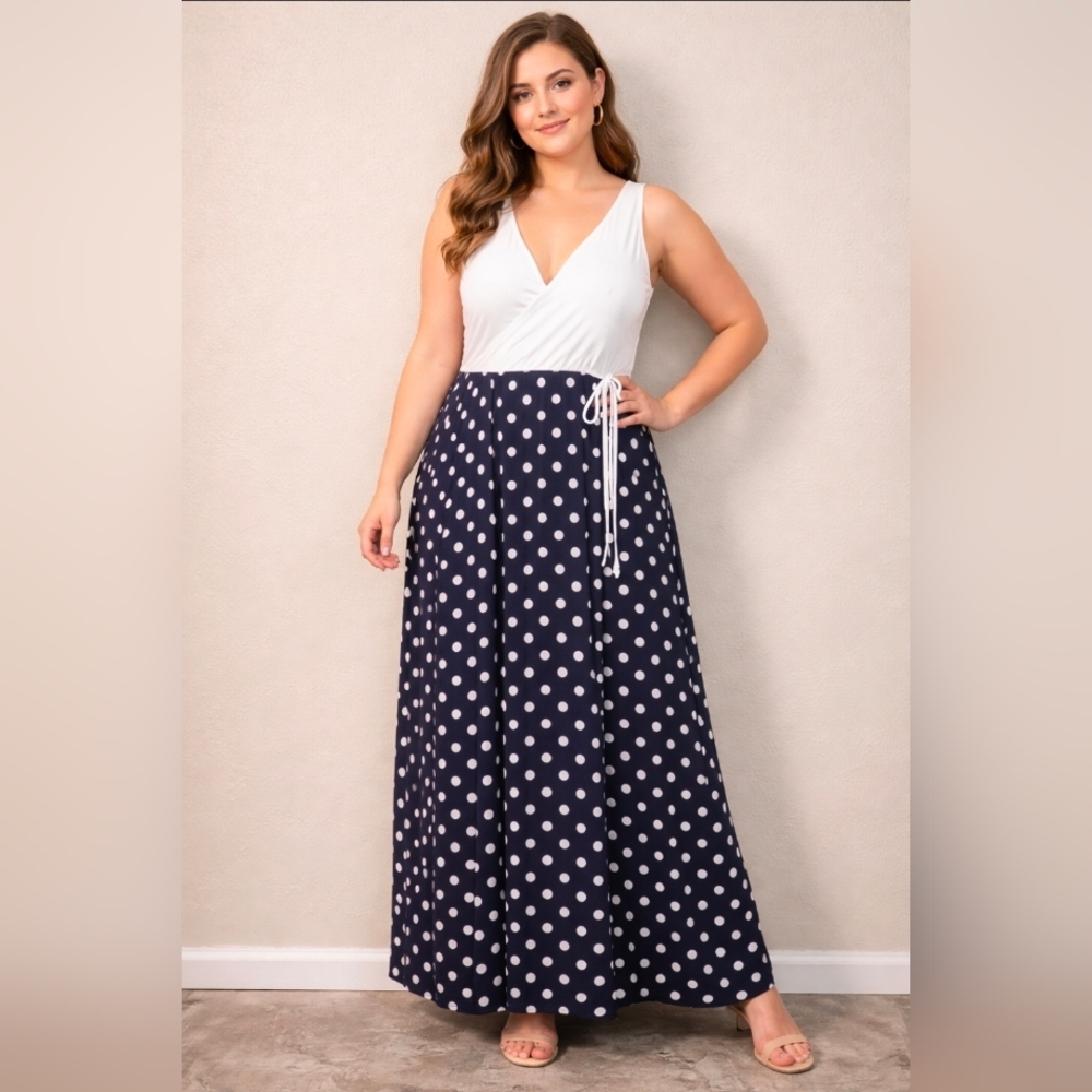 Gilli White Wrap Bodice Navy Polka Dot Maxi Dress XL (7824)
